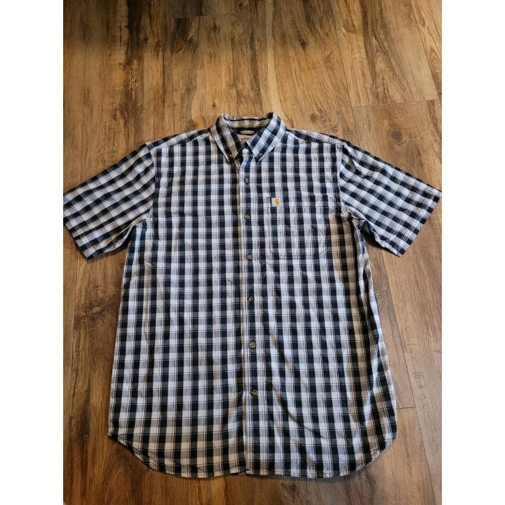 Carhartt Button Up Medium Shirt Blue Plaid Relaxed Fit Short Sleeve